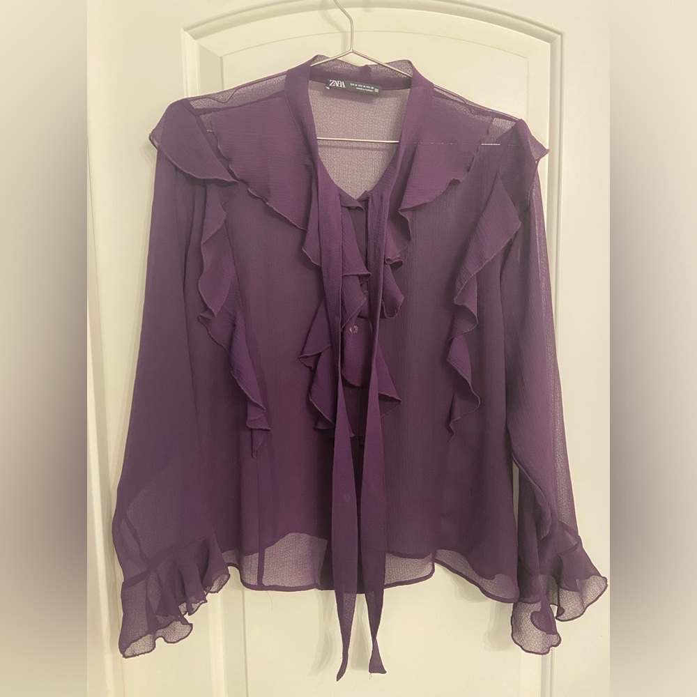 Zara Deep Purple Sheer Ruffle Blouse - Picture 9 of 11